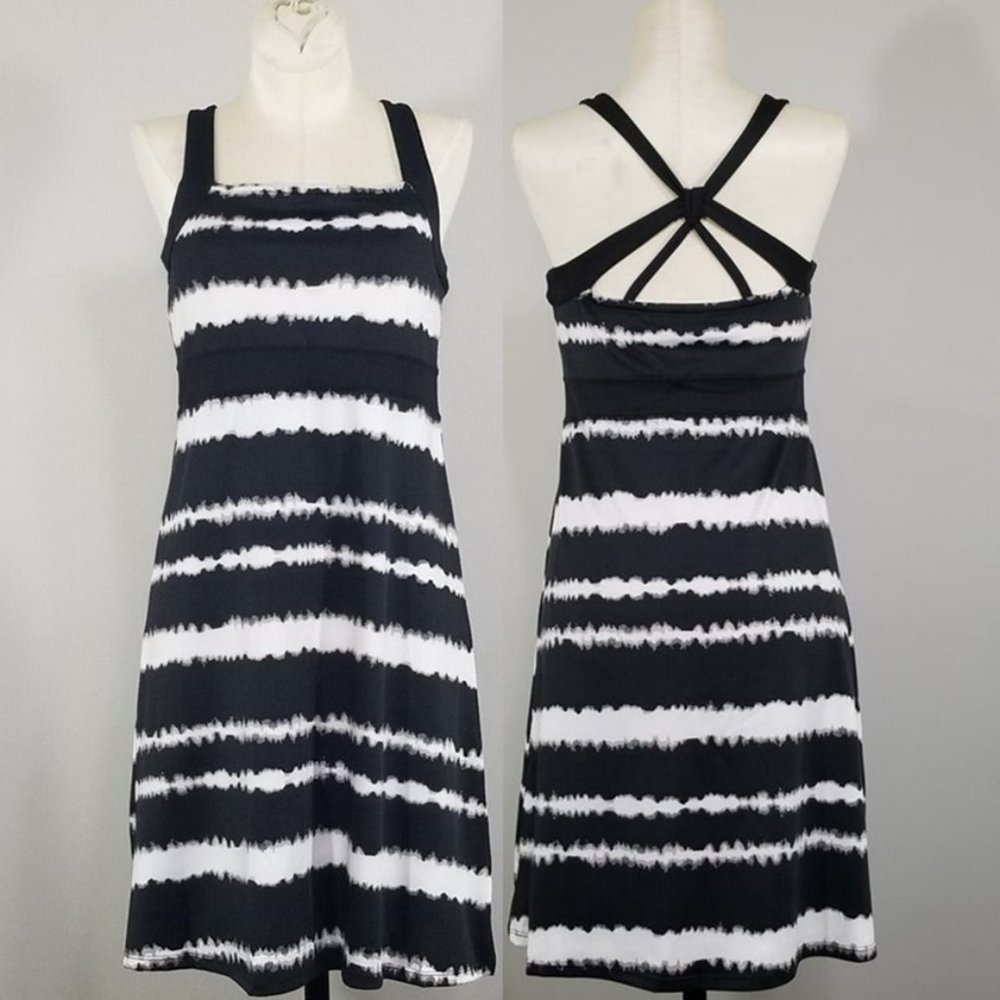 SOYBU Athletic Workout Dress Black and White Striped Tie Dye Small Womens Active